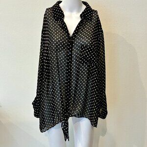 Cato Polka Dot Button Up Blouse Size 22/24 Black‎ White Tie Front Sheer Flowy